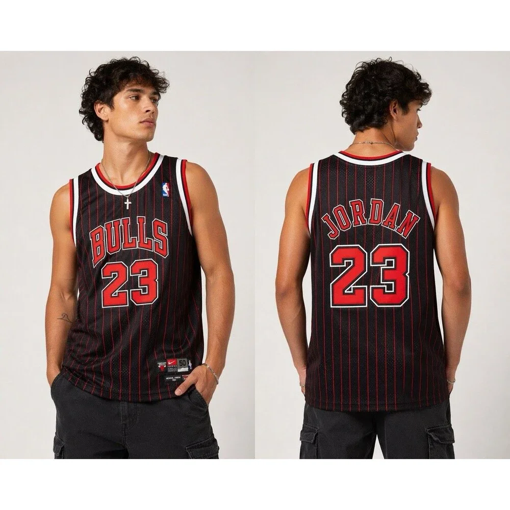 Nike Michael Jordan Bulls 23 Jersey Black Pinstripe Authentic 50 L Flight 8403